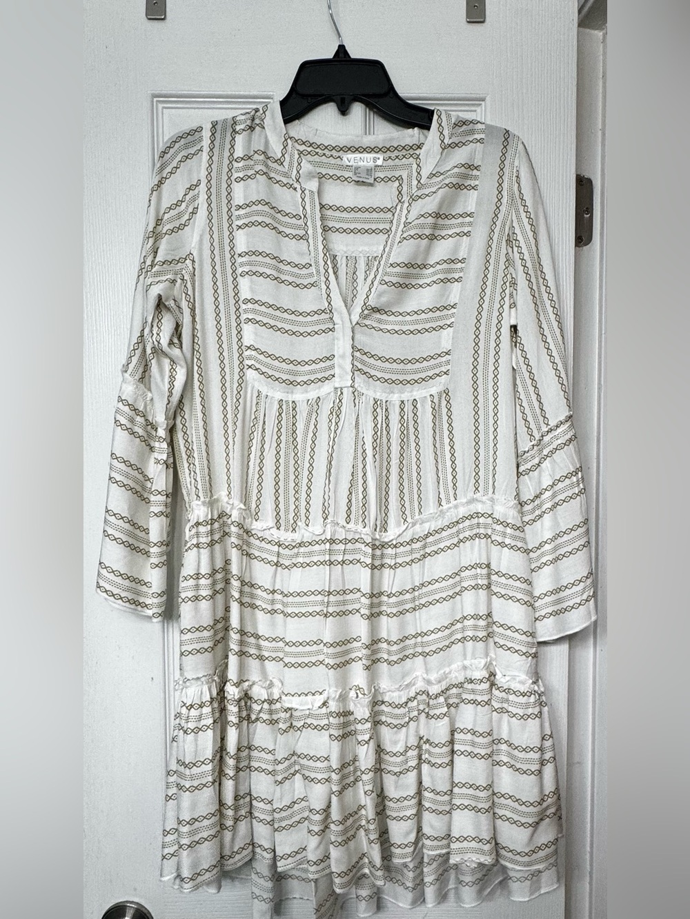 VENUS White Long Sleeve Tiered Maxi Dress with Tan Stripe Detail
